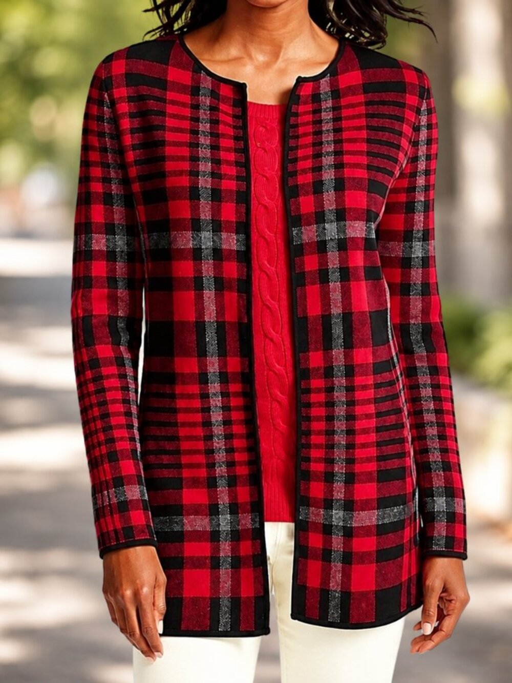 Talbots Heavy Knit Plaid Cardigan Sweater XL Red Black Tunic Coatigan Pocket - Picture 3 of 7
